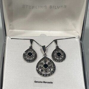 NWOT Sterling silver and genuine marcasite necklace and earrings set